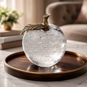 Vintage Silvestri Bubble Glass Apple Paperweight with Brass Leaf